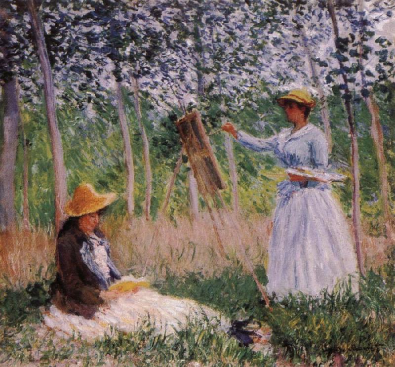Claude Monet Suzanne Reading and Blanche Painting by the Marsh at Giverny